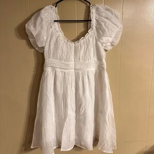 mine White Puff Sleeve Girls Dress - Textured Empire Waist